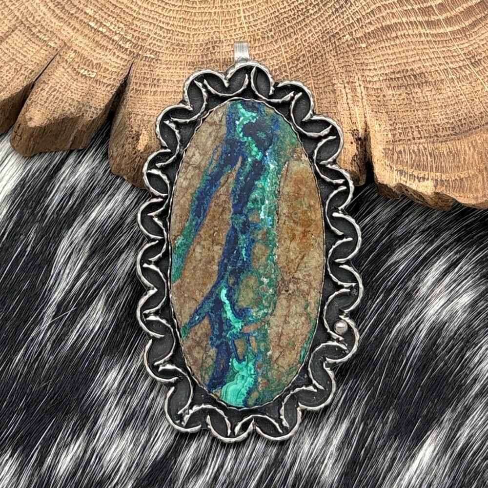 SOUTHWEST STYLE Sterling Silver Rough Cut Ribbon Azurite With Malachite Pendant